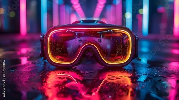 Obraz Futuristic goggles resting on a wet surface, illuminated by colorful neon lights in a modern setting