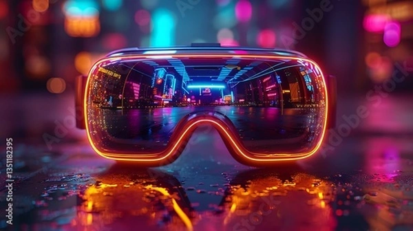 Obraz Futuristic virtual reality goggles reflecting a neon cityscape at night, showcasing vibrant colors and technology