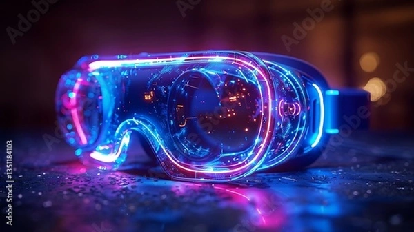 Obraz Futuristic virtual reality goggles glowing in neon colors on a reflective surface with blurred city lights