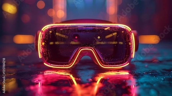 Obraz Futuristic neon-lit virtual reality goggles resting on a reflective surface in a vibrant urban setting