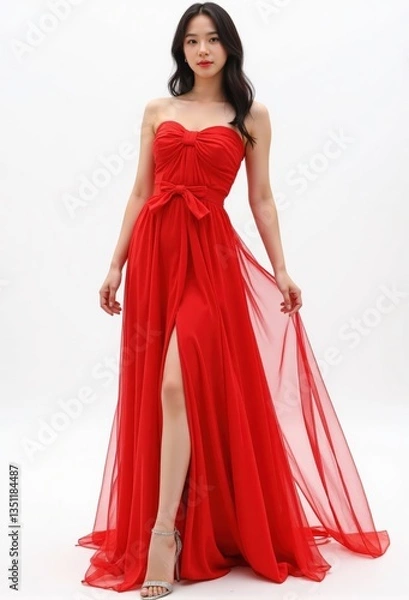 Obraz A young woman strikes a seductive pose in a bold red dress featuring a dramatic oversized bow, her confident gaze directed at the camera, against a clean white background with soft lighting