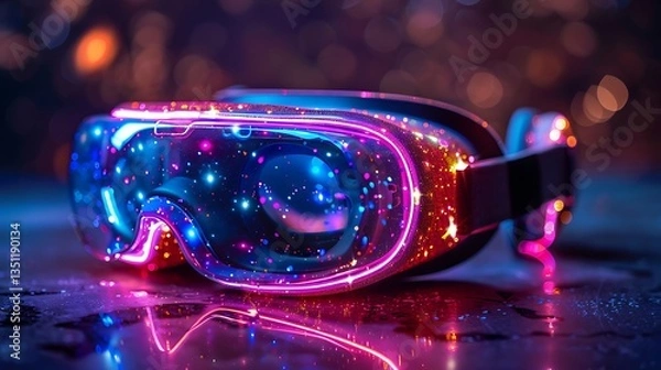 Obraz Futuristic glowing goggles resting on a reflective surface with a colorful bokeh background