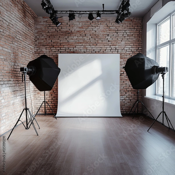 Fototapeta Modern Photo Studio Equipped with Professional Gear for High-Quality Photography
studio shot of a room with a lamp