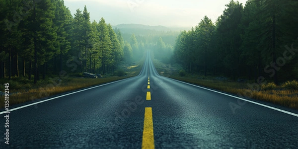 Fototapeta An empty road straight single lane asphalt road stretching into the distance with mountains in the background. Holiday adventure. Ai generated.