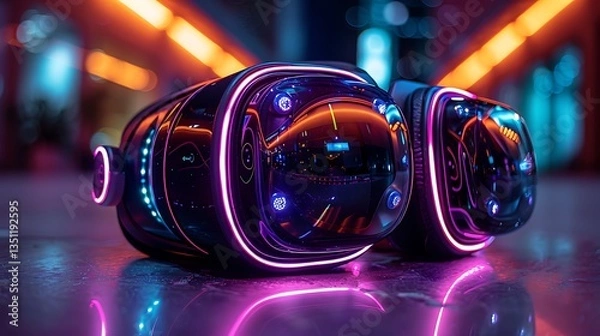 Obraz Futuristic virtual reality headsets glowing in neon lights, set in a modern urban environment at night