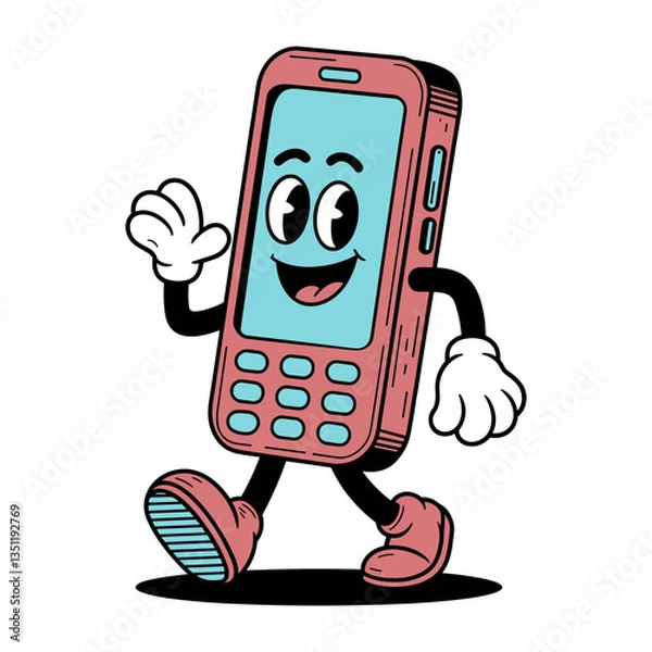 Fototapeta A cartoonish phone is walking and waving. The phone is pink and blue. Scene is lighthearted and fun