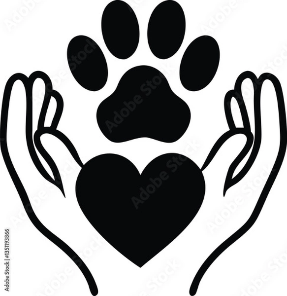 Fototapeta Black Outline of Heart, Human Hands, and Paw Print Isolated on White Background