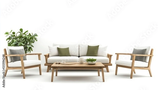 Fototapeta White living room interior with a wooden coffee table, sofa, and armchair in a Scandinavian style