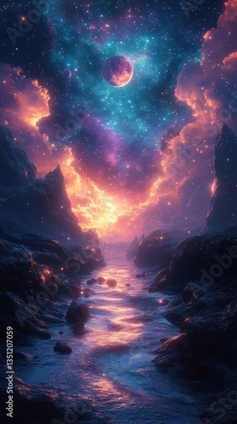 Fototapeta Mystical alien landscape with glowing river and colorful space sky