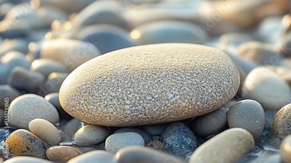 Fototapeta Close-up of a smooth, light beige pebble resting on a bed of various-sized, multicolored stones.