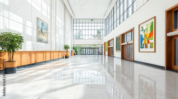 Fototapeta A sleek, modern courtroom interior featuring minimalist design elements, large glass walls allowing natural light to flood in, polished wooden accents
