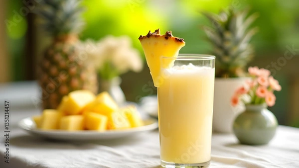 Fototapeta Non-alcoholic piña colada, served in a tall glass. A linen tablecloth, wildflowers, and fresh fruit create a tropical and elegant summer beverage setting. The image should be sharp, vibrant, and detai