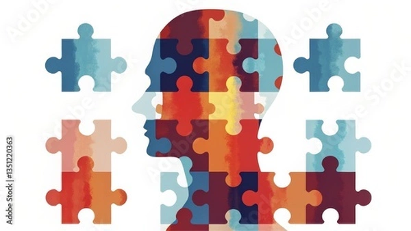 Fototapeta A colorful puzzle piece silhouette represents the complexity of the human mind and emotions, illustrating themes of identity and mental processes.