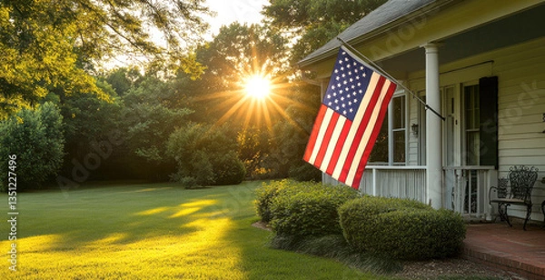 Obraz Sunlight casts a warm glow as it sets behind trees next to a house. An American flag gently flutters in the breeze, enhancing the serene, inviting atmosphere of the front yard