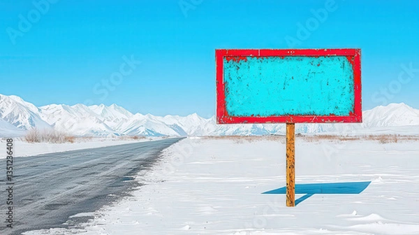 Fototapeta A freestanding billboard in an open Arctic landscape, snow-covered surroundings, bright clear sky, Antarctica-inspired