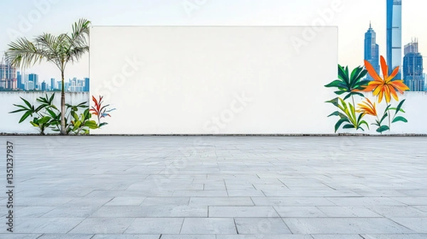 Fototapeta Blank billboard on an urban rooftop, clear sky, city skyline in the background, perfect advertising canvas