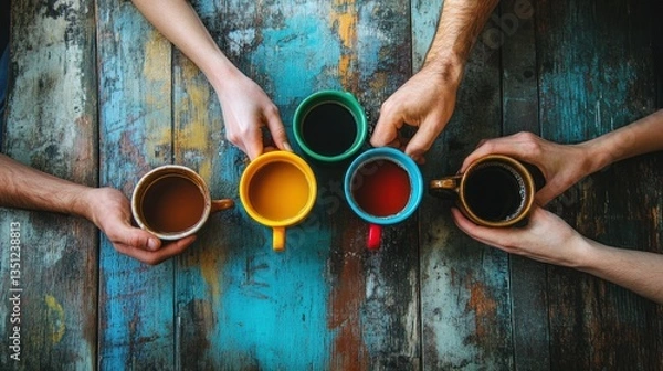 Fototapeta Colorful coffee cups, friends sharing drinks at rustic table
