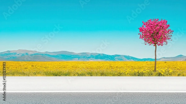 Fototapeta Massive roadside billboard mockup with a blank white canvas, sunny clear sky, modern branding potential