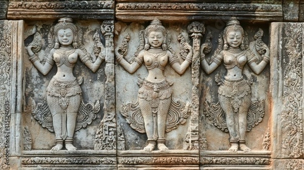 Fototapeta Ancient Stone Carvings of Apsara Dancers at Angkor Temple Complex