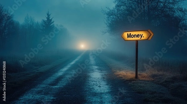 Fototapeta A foggy road at dusk with a glowing signpost indicating 'Money' and a distant light illuminating the path