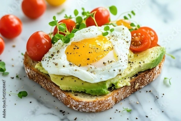 Fototapeta Fresh avocado toast served on marble countertop in natural light