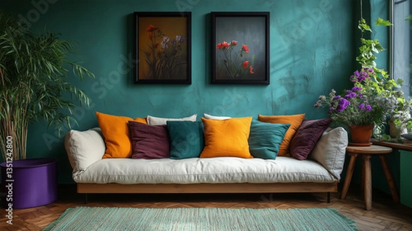 Fototapeta Scandinavian Minimalist Apartment with Bohemian Decor and Modern Art