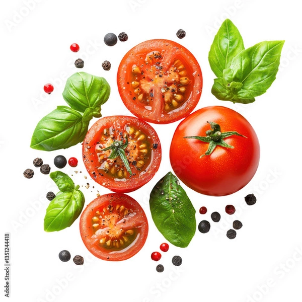 Obraz Juicy Tomatoes Basil and Peppercorns Culinary Delight,