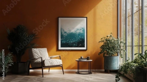 Fototapeta Cozy living room with an orange wall featuring a serene ocean art piece, surrounded by lush greenery and natural light