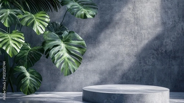 Fototapeta Concrete podium with tropical leaves.  Background display.  Suitable for product presentation
