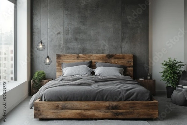 Fototapeta Rustic wooden bed with gray bedding in modern bedroom