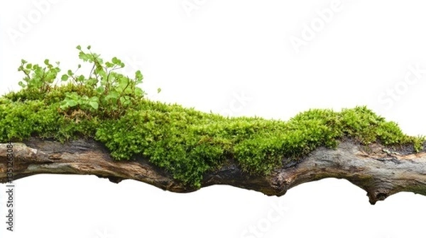 Fototapeta A close-up view of a moss-covered branch with vibrant greenery, set against a white background, ideal for nature themes