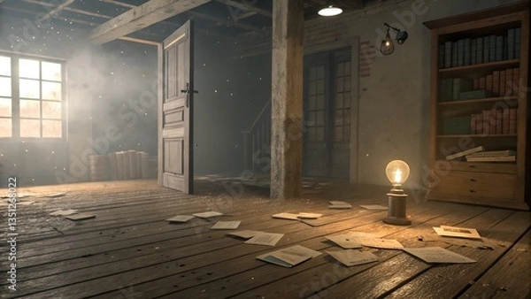 Fototapeta An atmospheric and slightly eerie image depicts a dimly lit, aged attic or room. 