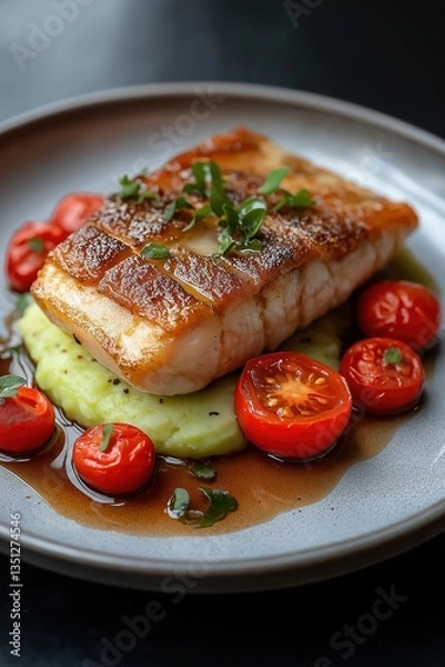 Fototapeta Grilled fish fillet with cherry tomatoes and mashed potatoes: michelin star cuisine