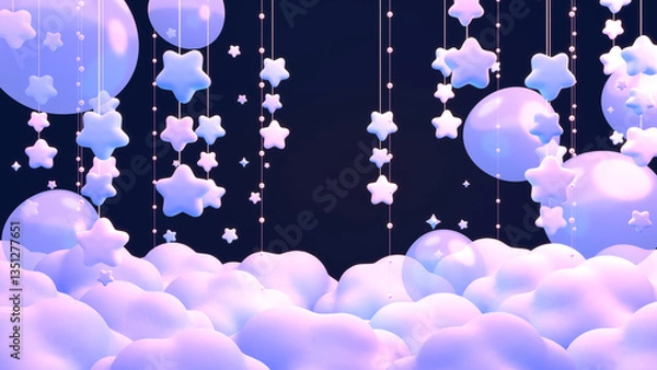 Fototapeta 3D render pastel hanging stars and bubbles on clouds in the dark.