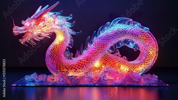 Obraz reate a photorealistic 3D render of a dragon-shaped salon lamp, adorned with vibrant neon psychedelic jewels, emphasizing the interplay of light and shadow on its multifaceted surface