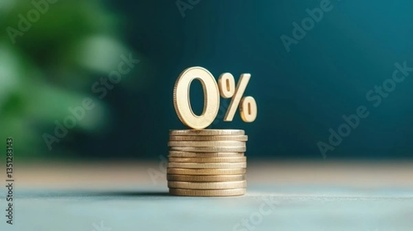 Fototapeta Golden coins stacked with bold 0% sign representing financial concepts like zero interest rates, savings, and economic trends on a serene background