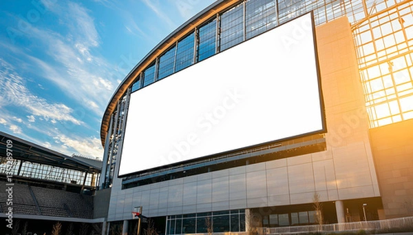Obraz Tall vertical blank billboard at the front of a basketball arena, ideal for sports gear or drink promotions.