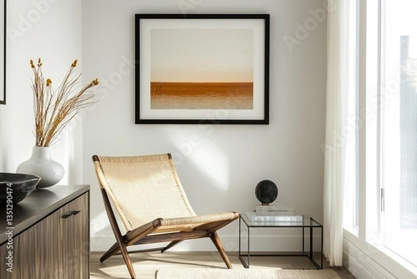 Fototapeta A modern reading nook with a woven chair, a sleek glass console, and a minimalist framed artwork. Earthy tones and soft textiles add warmth and character.