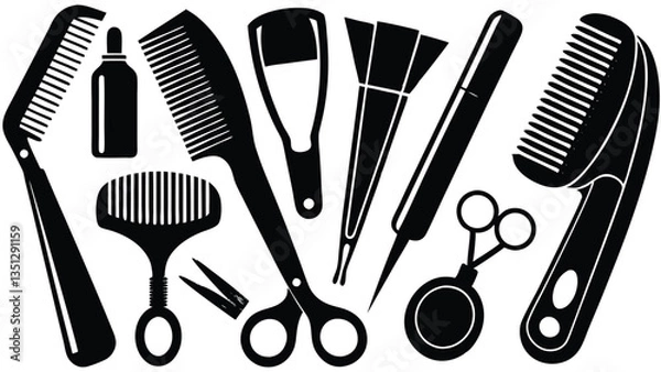 Fototapeta Hairdresser and Barber Tools - Combs, Scissors, Brushes, Clippers, and More - Black and White Vector Illustration