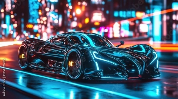 Fototapeta Futuristic sports car illuminated by neon lights on a bustling city street at night, showcasing vibrant urban life