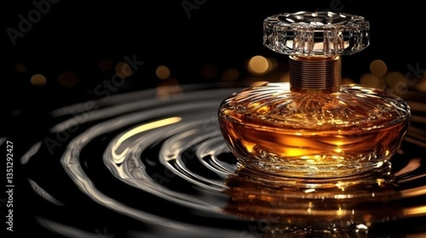 Fototapeta Crystal perfume bottle filled with golden liquid rests on a dark glossy surface with concentric light wave reflections and blurred bokeh