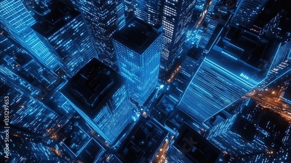 Fototapeta Aerial view of a vibrant city skyline at night with illuminated skyscrapers and bustling streets below