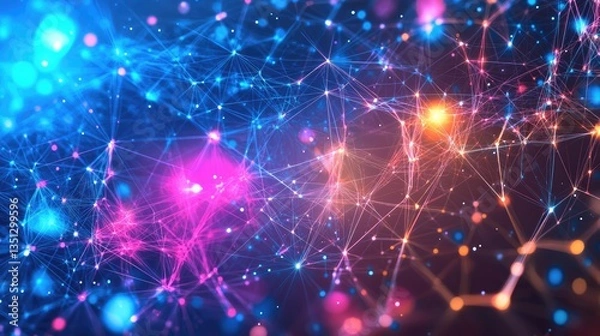 Fototapeta Vibrant abstract network of interconnected nodes and glowing particles, illustrating digital connectivity and innovation