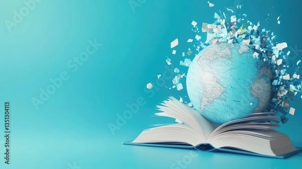Fototapeta An open book with a 3D globe emerging from its pages, symbolizing knowledge and global exploration against a blue background