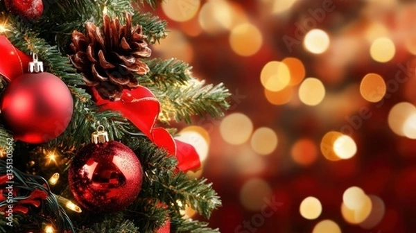 Fototapeta A festive Christmas tree adorned with red ornaments, ribbons, and pine cones, set against a blurred, warm bokeh background.