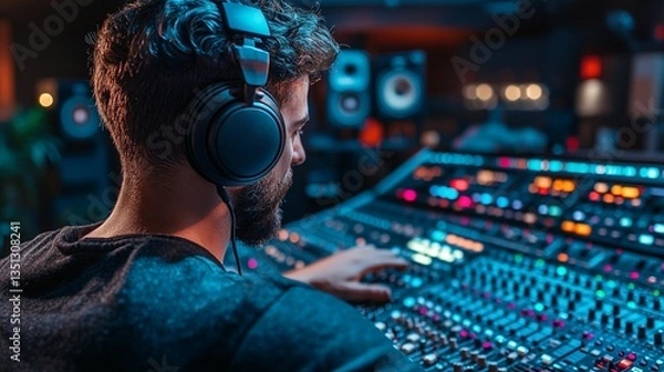 Fototapeta A male audio engineer works on a mixing console in a recording studio.