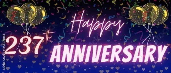 Fototapeta 237th anniversary neon calligraphy text and number. Confetti and balloon isolated on elegant blue gradient background, sparkle, design for greeting card, print. Two hundred thirty seven anniversary