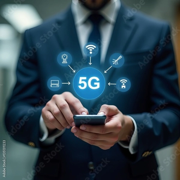 Obraz Businessperson Using Smartphone with Futuristic Cloud Data Icons – Modern Office Technology Concept