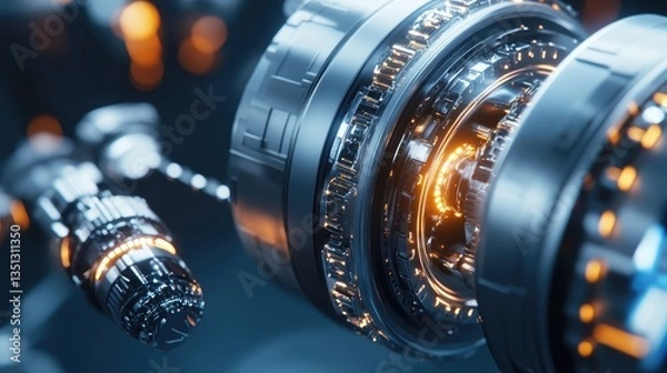 Fototapeta Futuristic mechanical components with glowing elements in a high-tech environment showcasing advanced technology