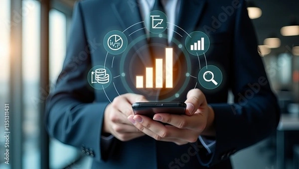 Fototapeta Businessperson Using Smartphone with Futuristic Cloud Data Icons – Modern Office Technology Concept